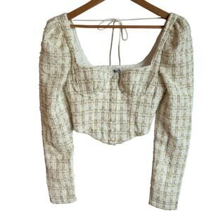 Rumored Charlotte Tweed Bustier Top White Gold Pearl Shimmer Size Small NWT